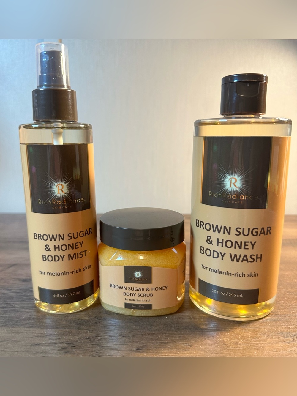 Rich Radiance Brown Sugar And Honey BUNDLE Body Wash - BodyScrub - Body Mist NEW